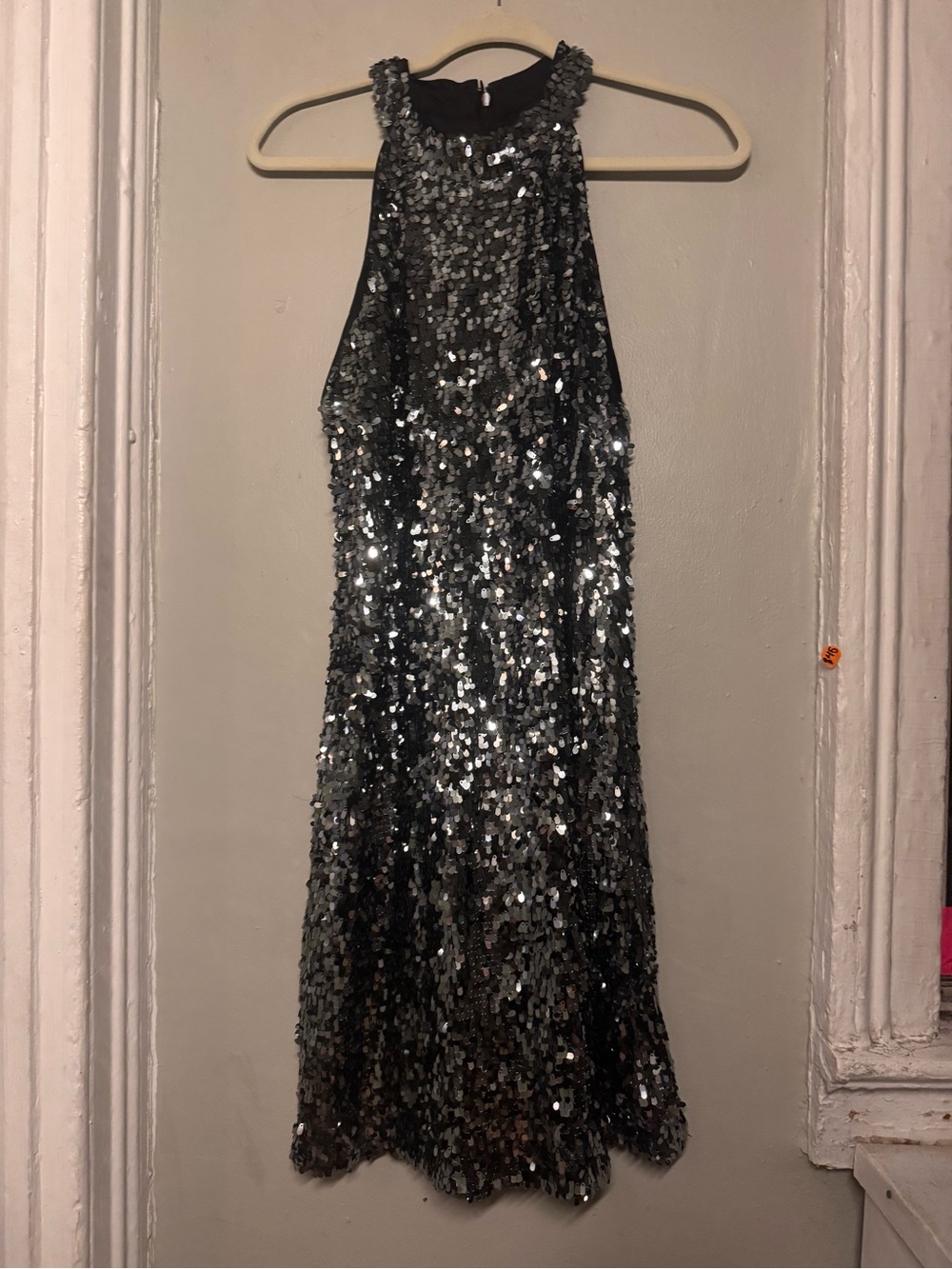 Anne Klein Sequin Fringe Halter Mini Dress Black Silver Party